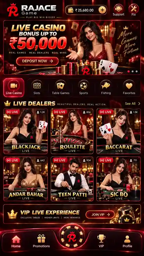 RajAce Game live casino lobby with live dealer card games and roulette
