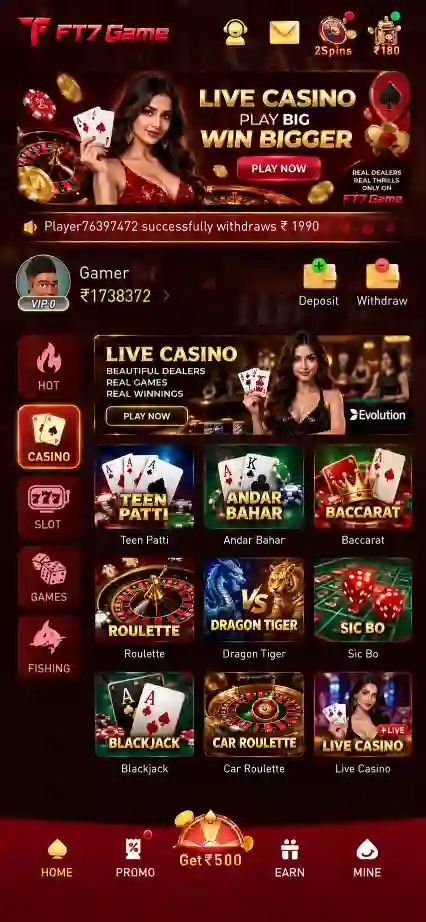 FT7 Game casino screen with Teen Patti, Roulette, Baccarat and online gaming play options