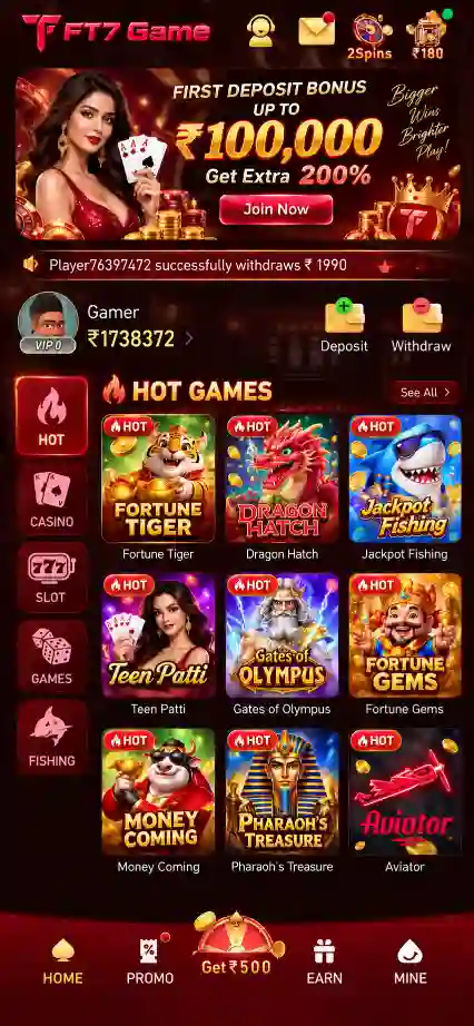 FT7 Game bonus screen with deposit reward, play, win and online gaming offers