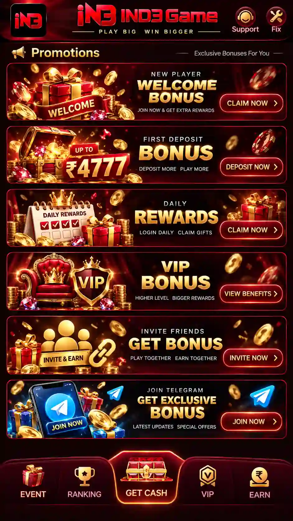 IND3 Game bonus offers and reward promotions