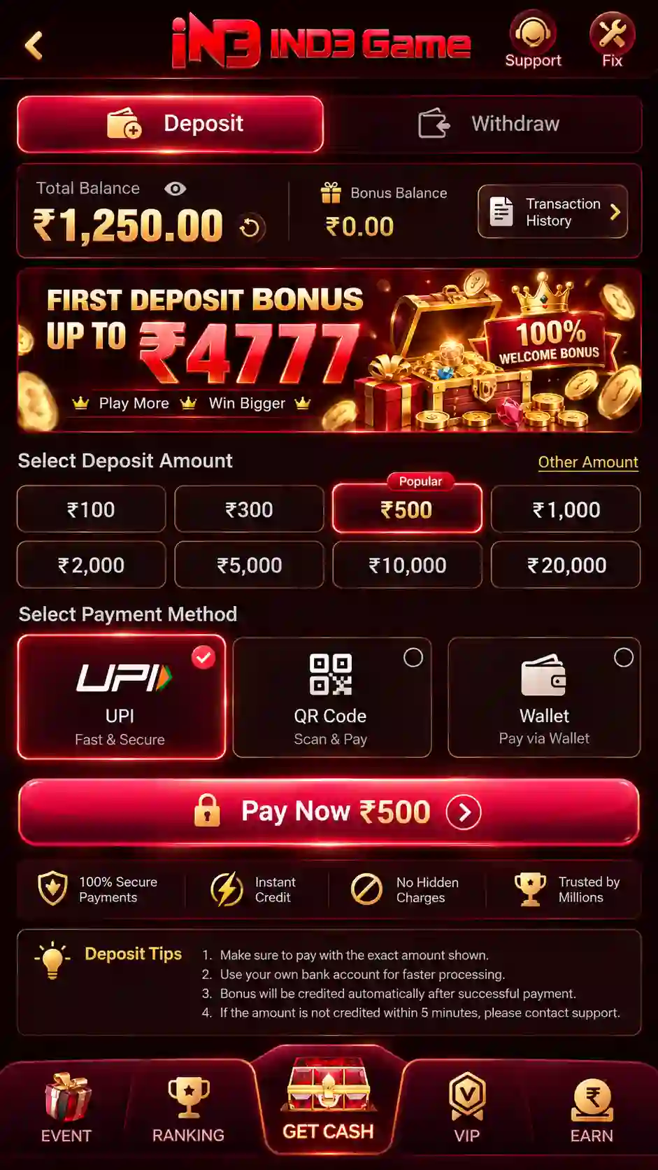 IND3 Game deposit bonus and reward wallet screen
