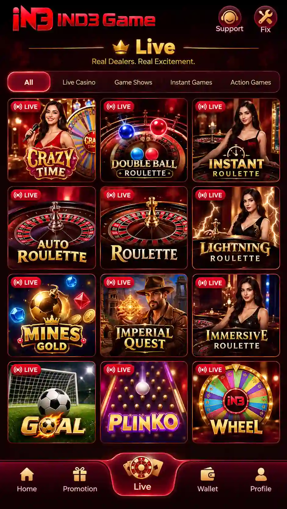IND3 Game live gaming interface for online play