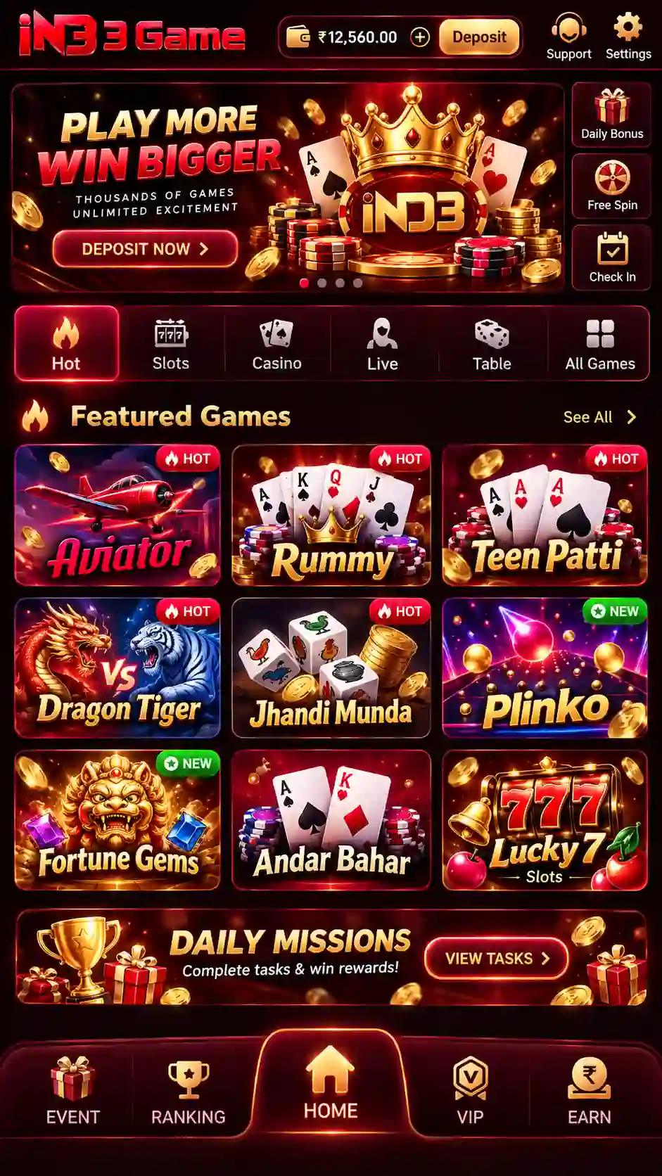 IND3 Online Game interface with popular gaming categories