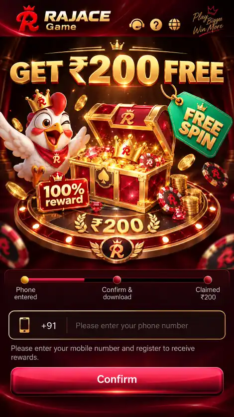 RAJACE Game Download screen with mobile signup, RAJACE APK access, free spin, bonus and reward offer
