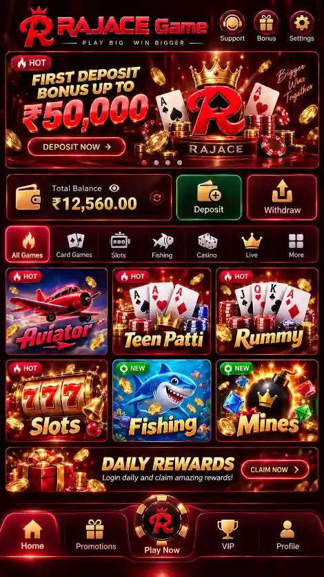 RAJACE Online Casino screen with blackjack roulette baccarat and live gaming