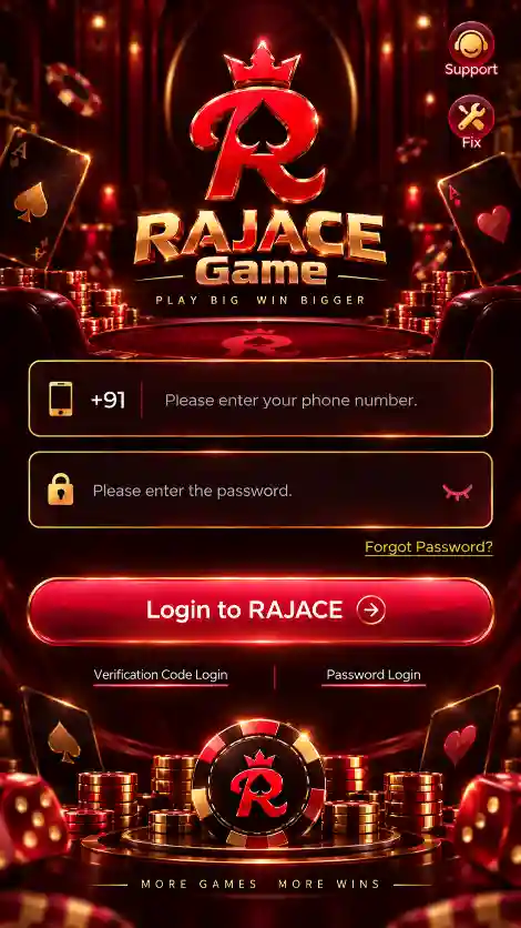 RAJACE Game Login screen for mobile account access through RAJACE App and online gaming