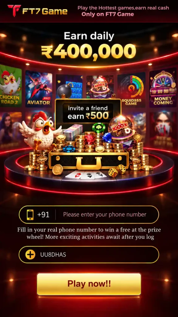FT7 Game Download screen with FT7 App signup, online gaming, play, win, bonus and reward access